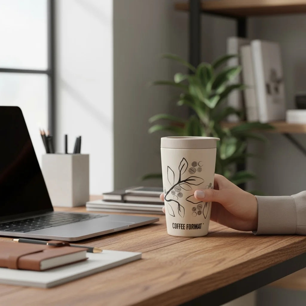 Kubek termiczny do kawy Coffee Format, w kolorze jasno szarym,  z motywem roślin, o pojemności 350 ml
