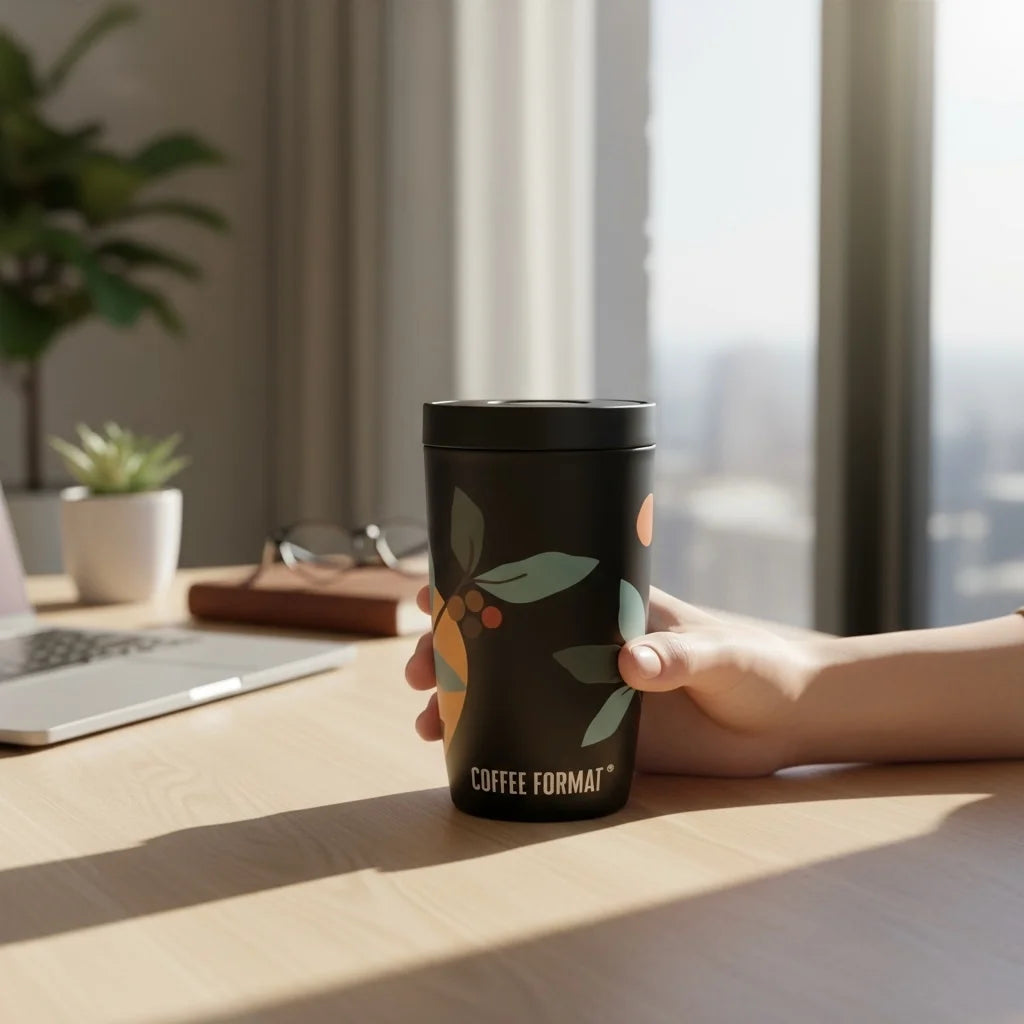 Kubek termiczny do kawy Coffee Format, w kolorze czarnym, z motywem abstrakcji, o pojemności 350 ml